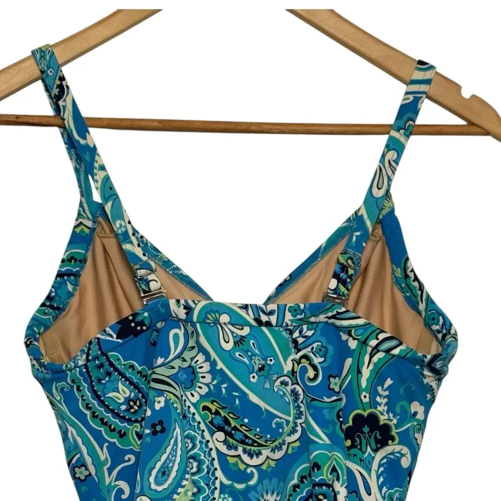 Lands End Blue Green Paisley Size 8D Adjustable Strap Underwire Tankini Top